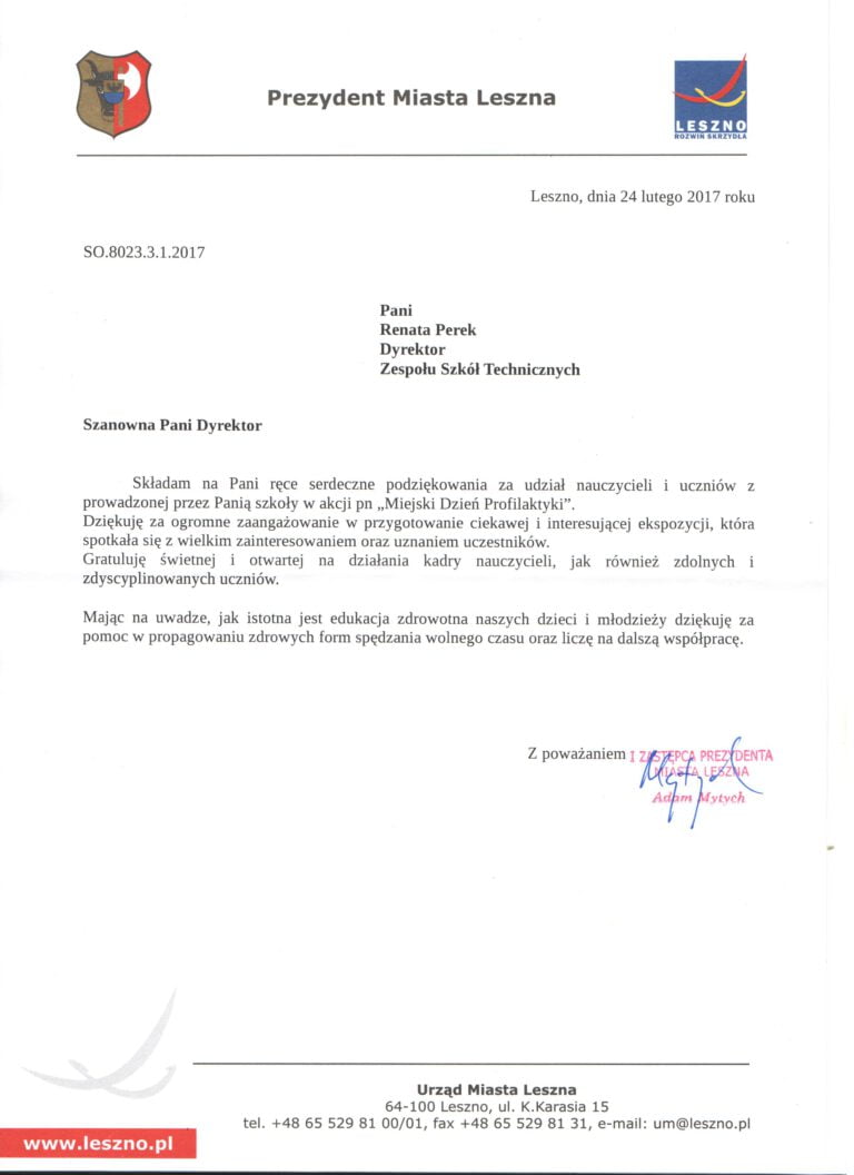 Podziękowania za udział w akcji „Miejski Dzień Profilaktyki”