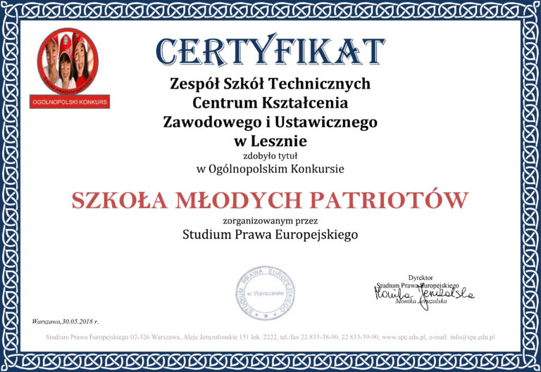Certyfikat – Szkoła Młodych Patriotów
