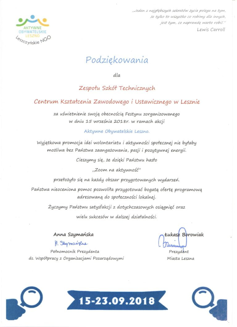 Podziękowania za udział w akcji Aktywne Obywatelskie Leszno