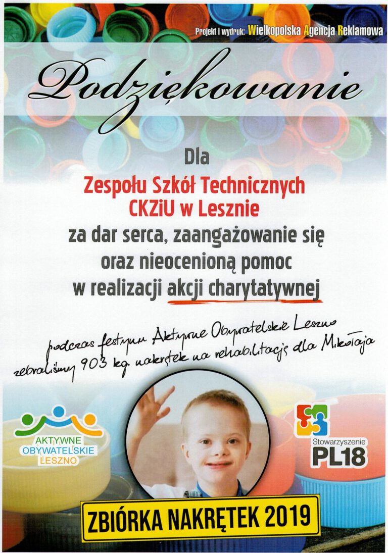 Podziękowanie Zbiórka Nakrętek 2019