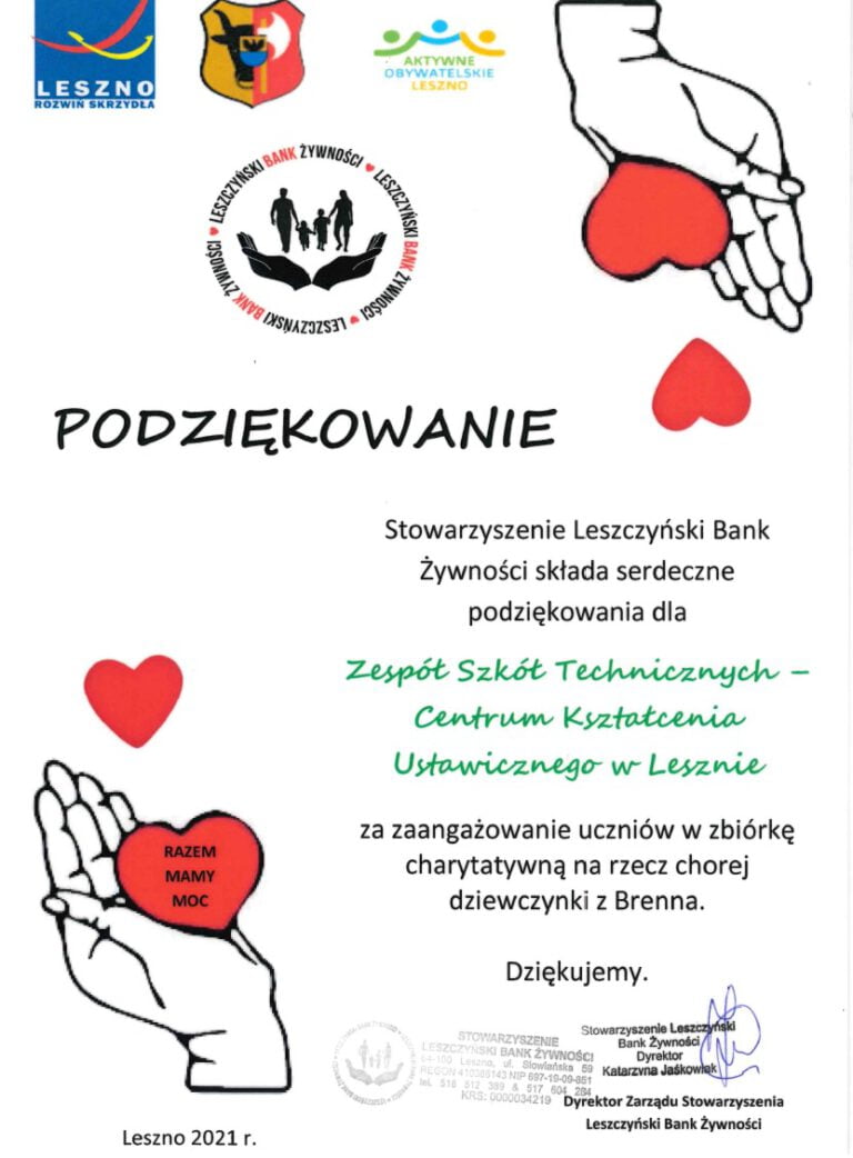 Podziękowanie – Stowarzyszenie Leszczyński Bank Żywności