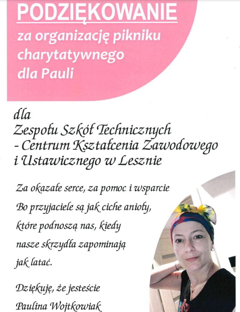Podziękowania za organizację pikniku charytatywnego dla Pauli